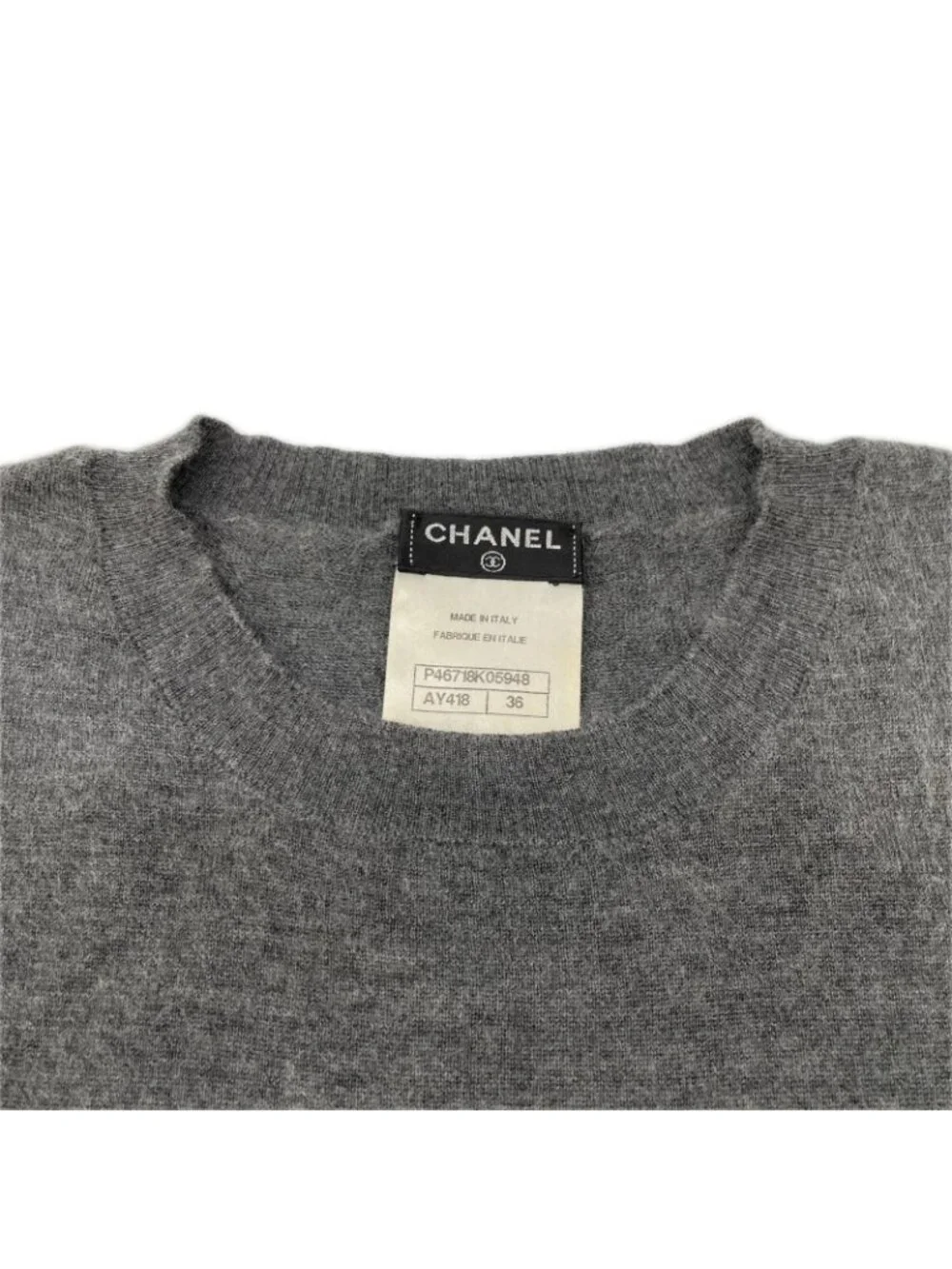 Chanel Gray Cashmere Silk CC Logo Plate Short Sleeve Knit 36